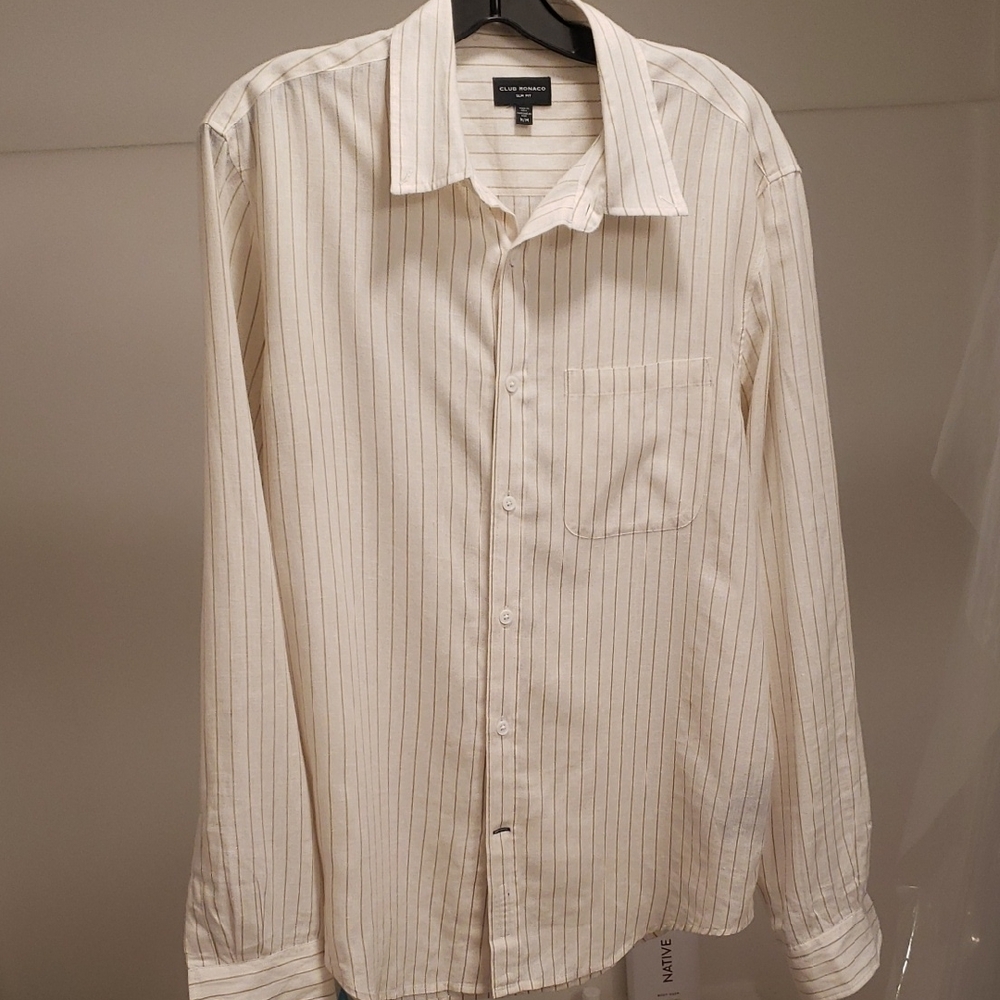 Club Monaco Men's Linen Blend Cream Pinstripe Shirt